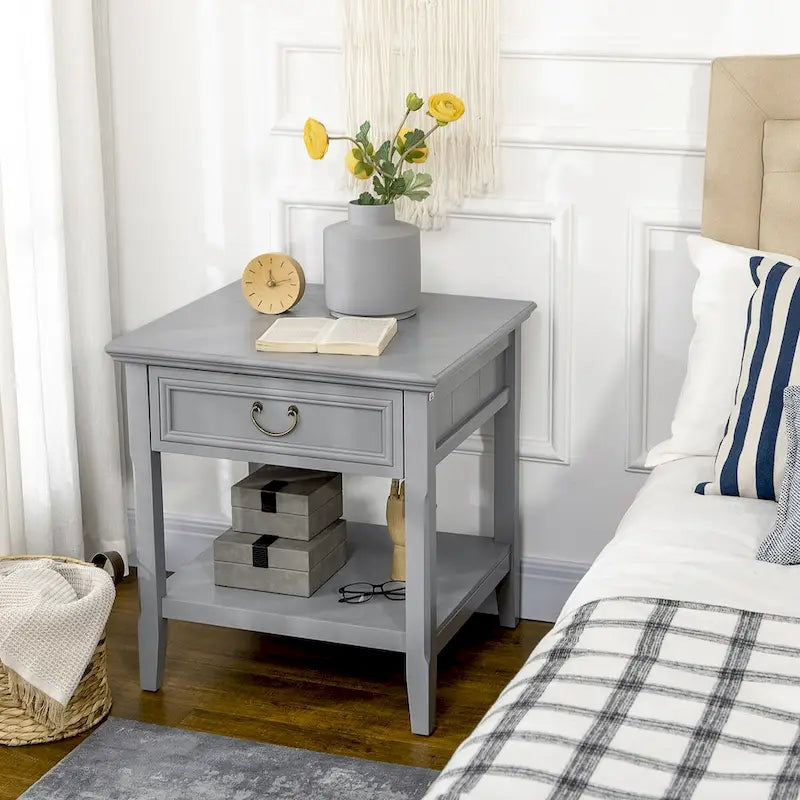 Table d'appoint avec rangement, Table d'appoint vintage avec tiroir et étagère ouverte, Table de chevet pour chambre à coucher, salon