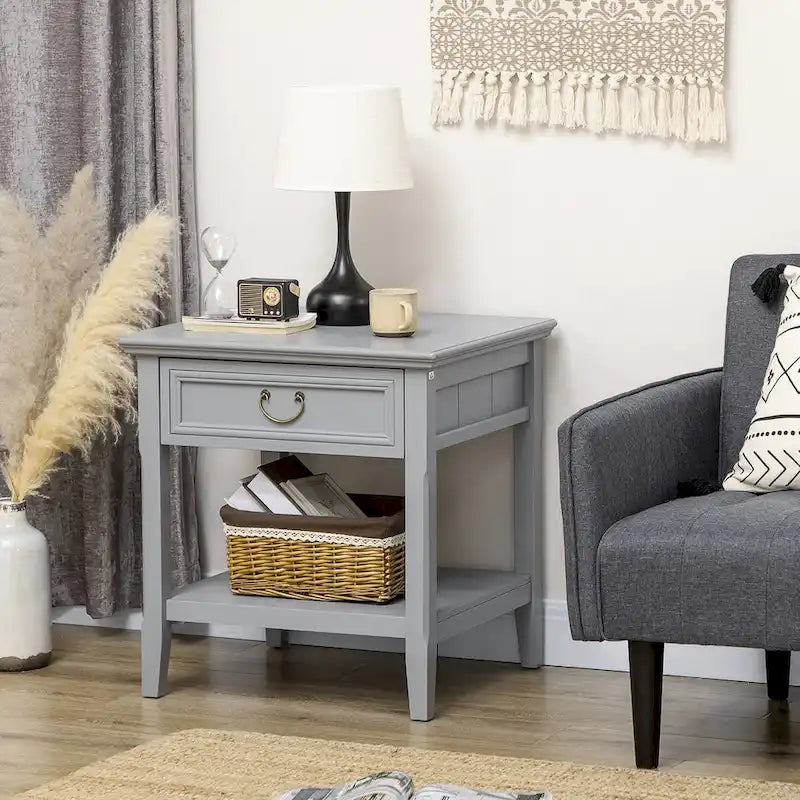 Table d'appoint avec rangement, Table d'appoint vintage avec tiroir et étagère ouverte, Table de chevet pour chambre à coucher, salon