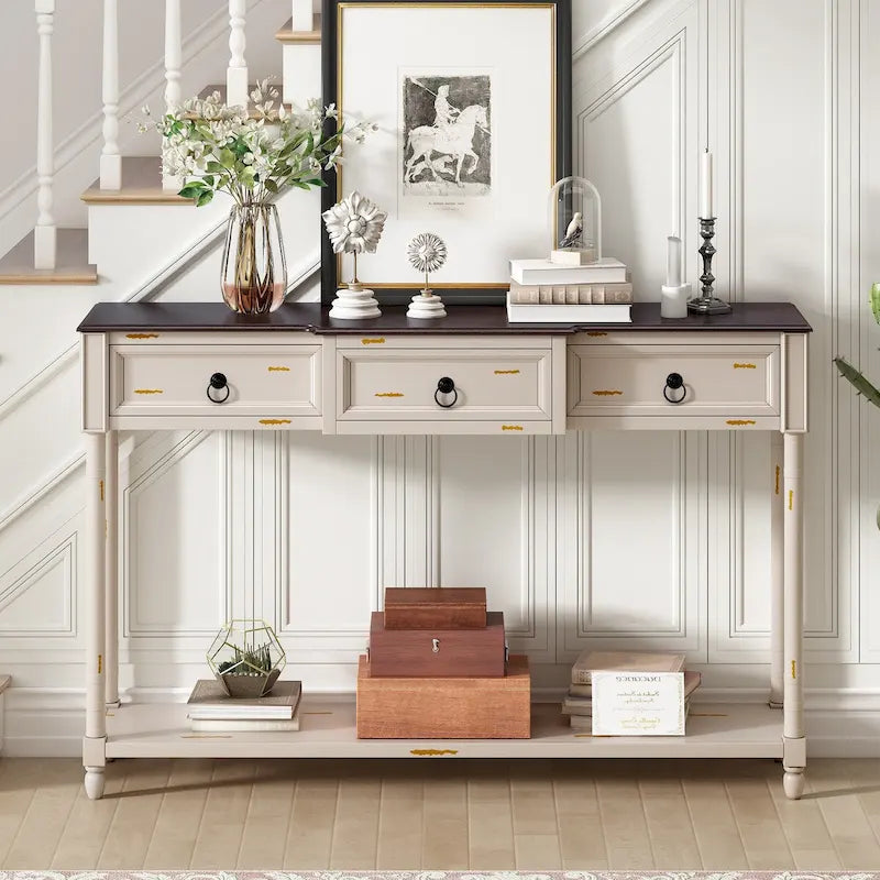 Console, table d'appoint avec tiroirs pour entrée, tiroirs saillants et longue étagère