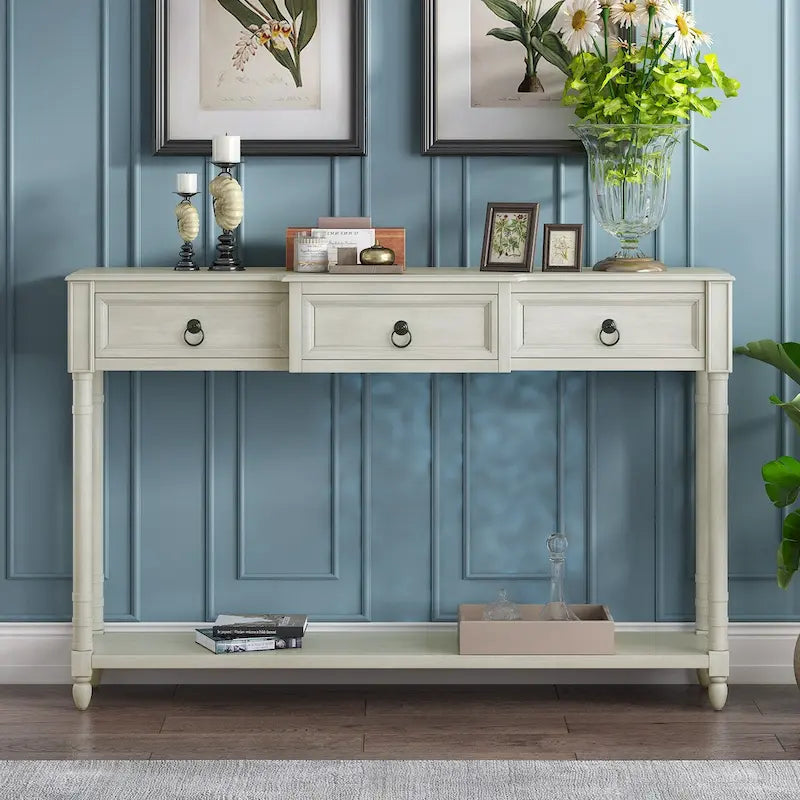 Console, table d'appoint avec tiroirs pour entrée, tiroirs saillants et longue étagère