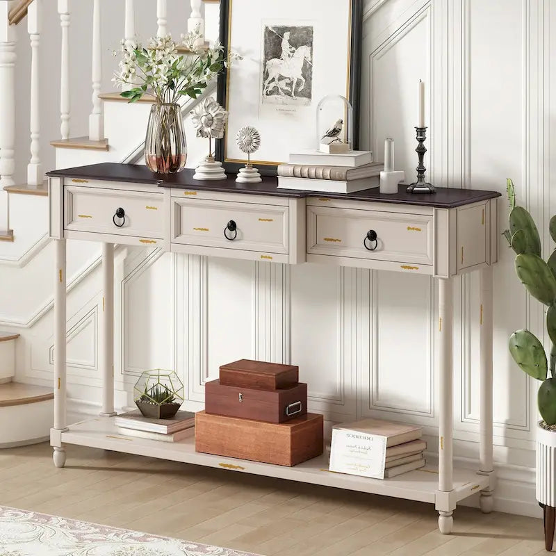 Console, table d'appoint avec tiroirs pour entrée, tiroirs saillants et longue étagère