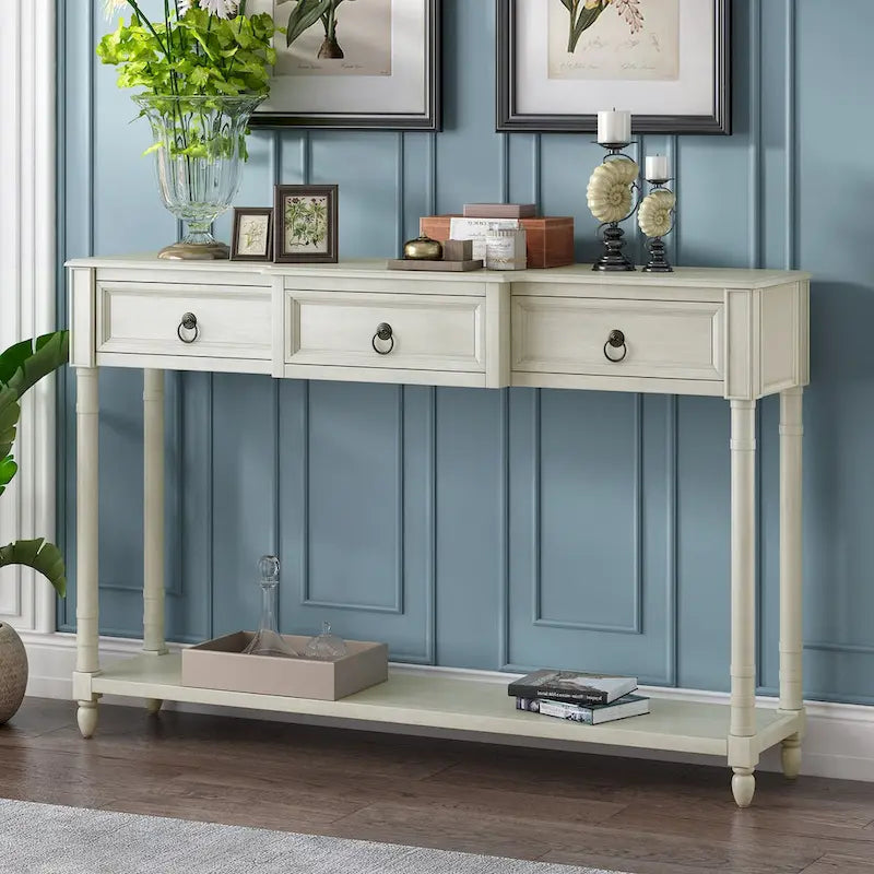 Console, table d'appoint avec tiroirs pour entrée, tiroirs saillants et longue étagère