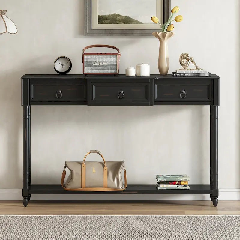 Console, table d'appoint avec tiroirs pour entrée, tiroirs saillants et longue étagère