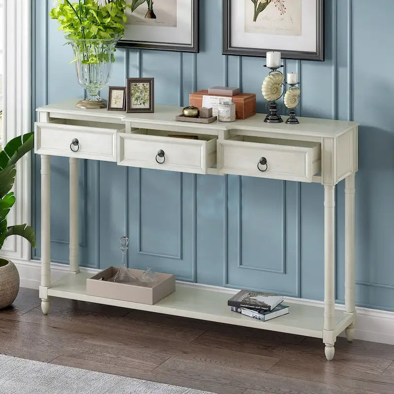 Console, table d'appoint avec tiroirs pour entrée, tiroirs saillants et longue étagère