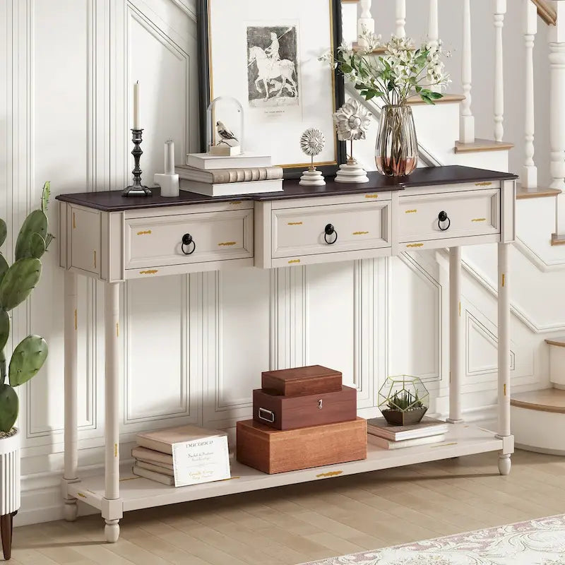 Console, table d'appoint avec tiroirs pour entrée, tiroirs saillants et longue étagère
