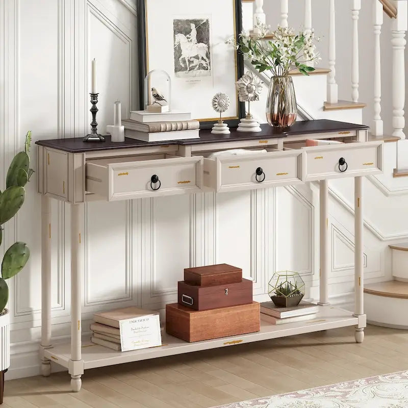 Console, table d'appoint avec tiroirs pour entrée, tiroirs saillants et longue étagère