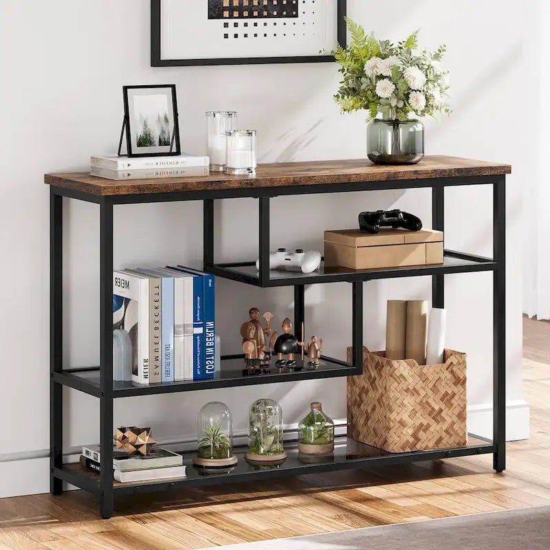 Console 4 niveaux, Table d'entrée avec étagère en verre