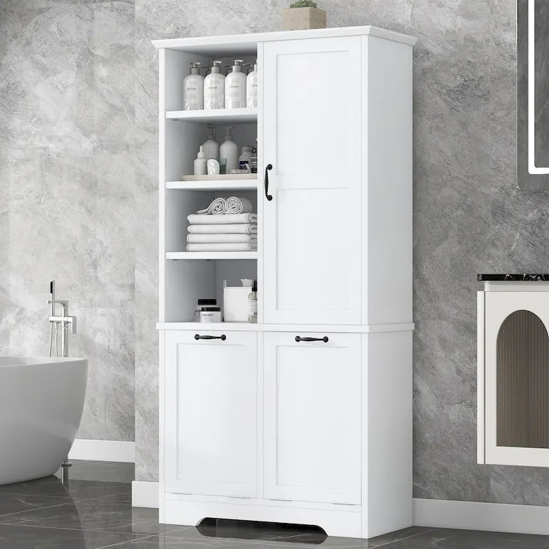 Meuble de Rangement de Salle de Bain avec Portes, Tiroirs et Panier à Linge Rabattable