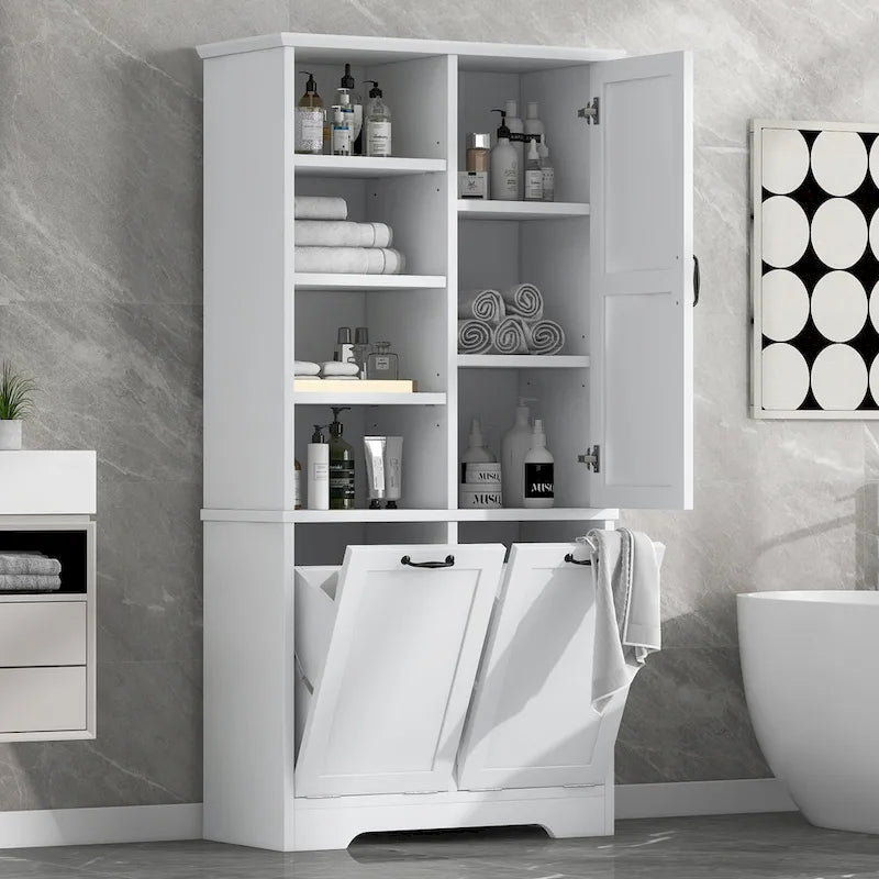 Meuble de Rangement de Salle de Bain avec Portes, Tiroirs et Panier à Linge Rabattable