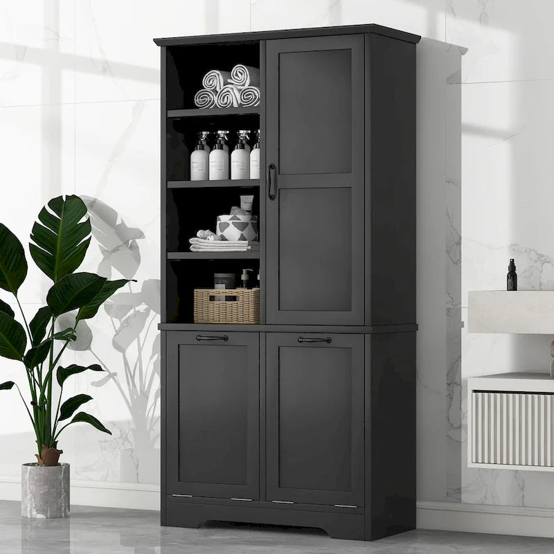 Meuble de Rangement de Salle de Bain avec Portes, Tiroirs et Panier à Linge Rabattable