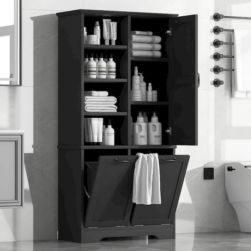 Meuble de Rangement de Salle de Bain avec Portes, Tiroirs et Panier à Linge Rabattable