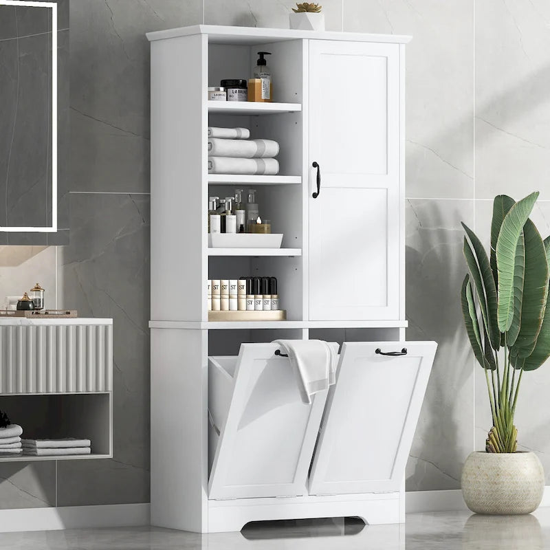 Meuble de Rangement de Salle de Bain avec Portes, Tiroirs et Panier à Linge Rabattable
