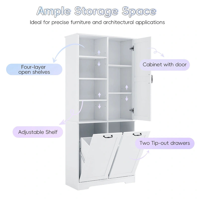 Meuble de Rangement de Salle de Bain avec Portes, Tiroirs et Panier à Linge Rabattable