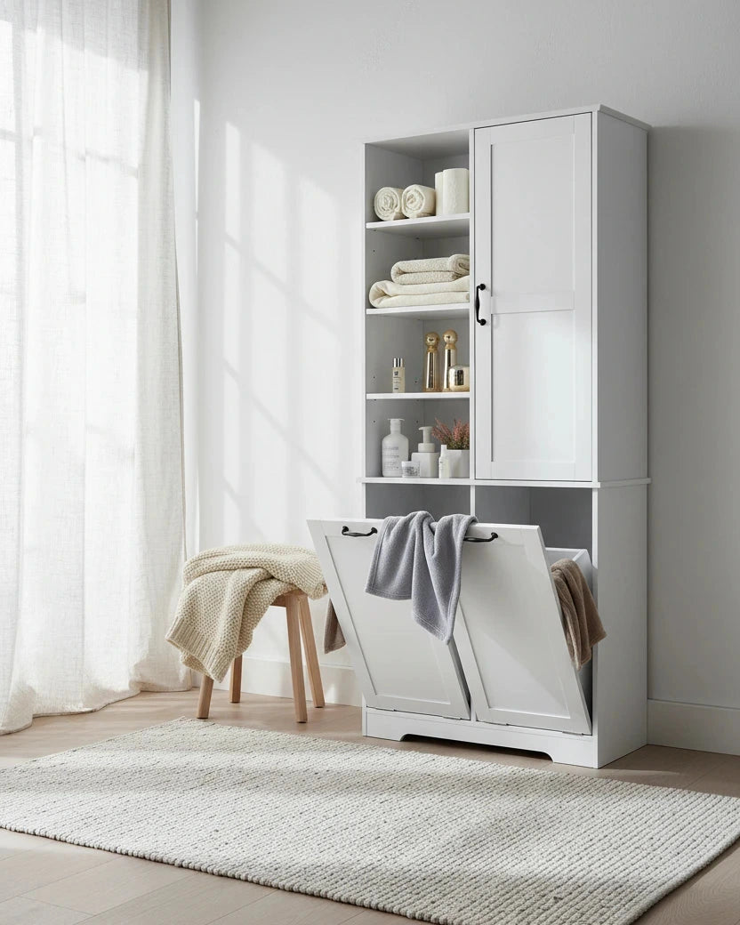 Meuble de Rangement de Salle de Bain avec Portes, Tiroirs et Panier à Linge Rabattable