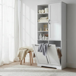 Meuble de Rangement de Salle de Bain avec Portes, Tiroirs et Panier à Linge Rabattable