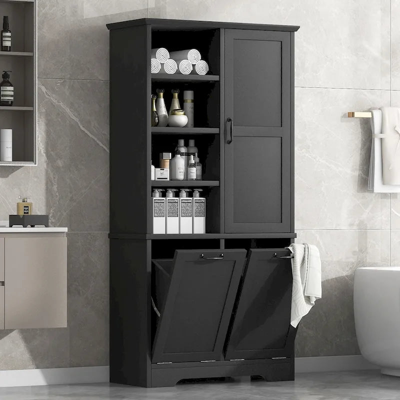 Meuble de Rangement de Salle de Bain avec Portes, Tiroirs et Panier à Linge Rabattable